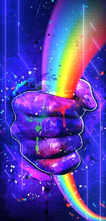 Vibrant hand gripping a rainbow with a dark purple backdrop.