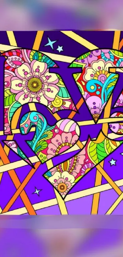 Vibrant abstract heart design with floral and star elements in purple tones.