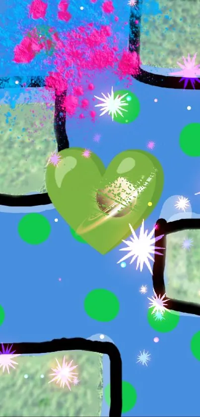 Vibrant wallpaper with heart and colorful abstract design.