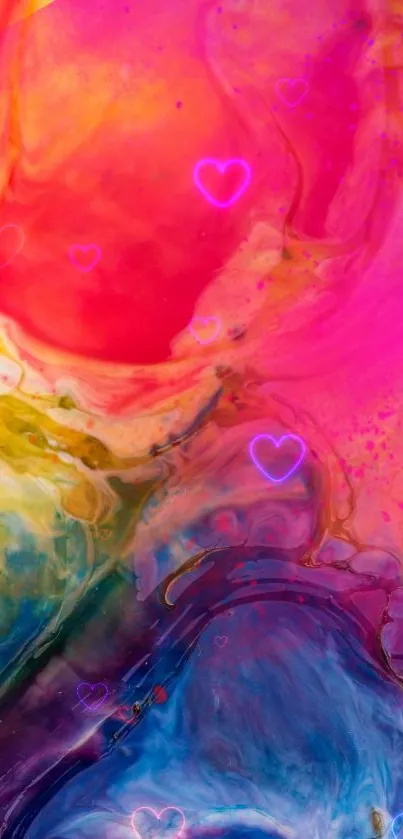 Vibrant abstract wallpaper with hearts in pink, blue, and yellow hues.