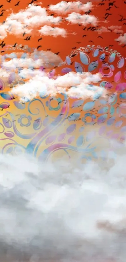 Vibrant abstract heart with clouds and bold orange background.