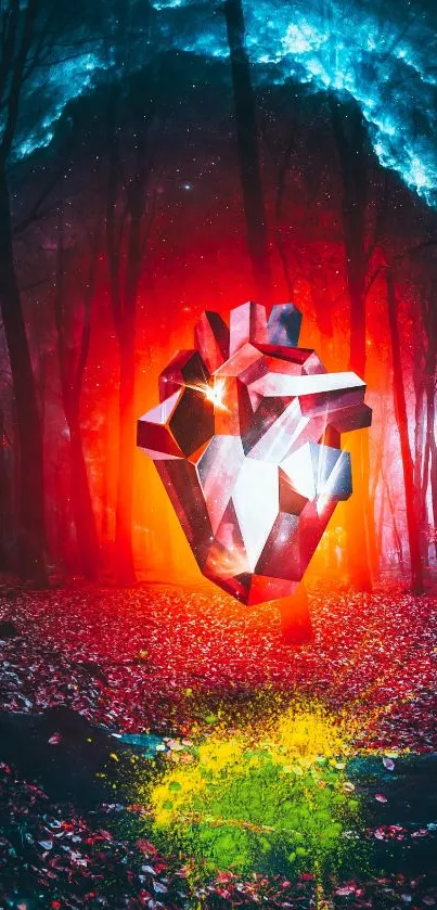 Vibrant abstract heart in a colorful forest with red dominant hues.