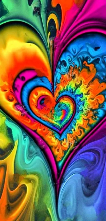 Colorful abstract heart design with vibrant swirls.