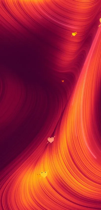 Red and orange abstract wallpaper with hearts and swirls.