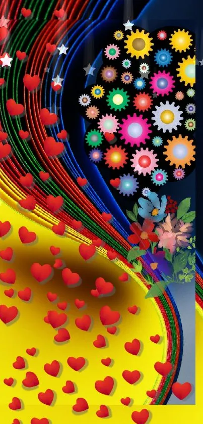 Colorful abstract wallpaper with hearts, gears, and floral patterns on yellow background.