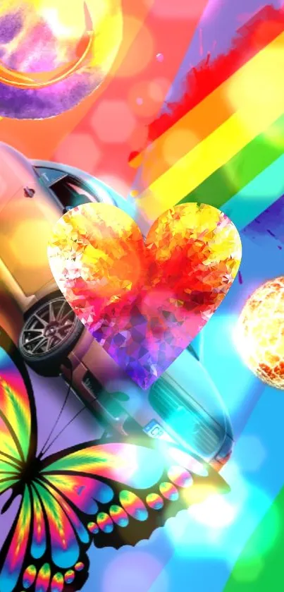 Vibrant wallpaper with heart, rainbow, butterfly, car, and planets.