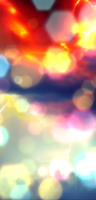 A vibrant abstract wallpaper with hexagonal shapes and vivid colors.