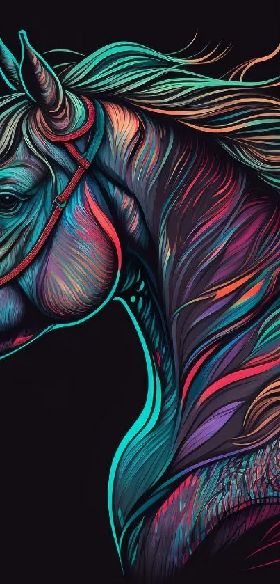 Colorful abstract horse with flowing lines on dark background.