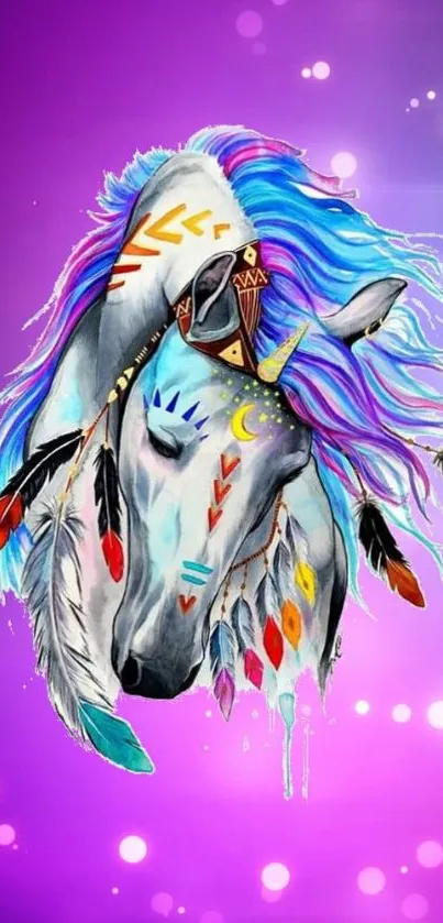 Colorful abstract horse wallpaper with feathers on a purple background.