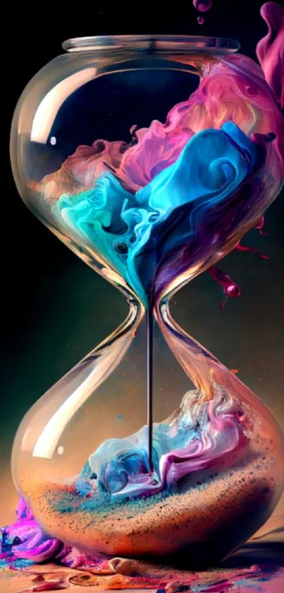 Colorful abstract hourglass with vibrant fluid art.