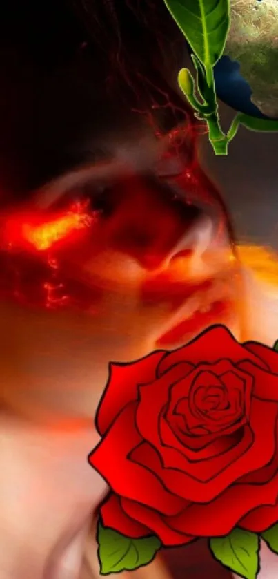 Abstract human face with fiery effects and a red rose.