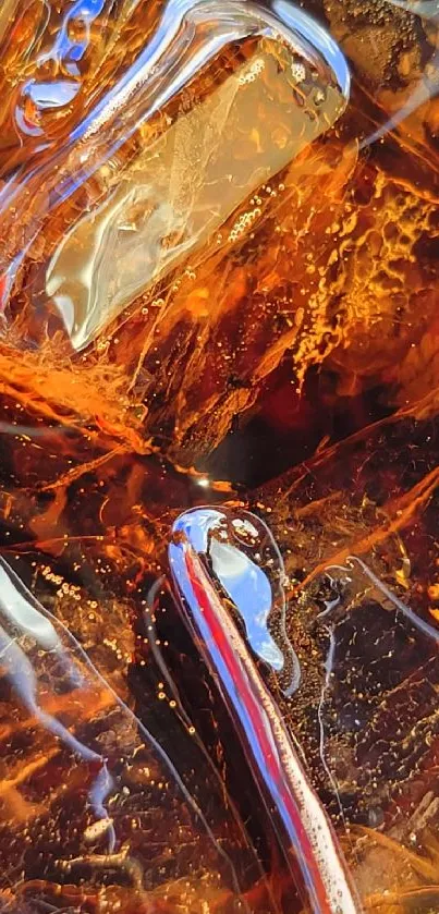 Close-up abstract view of ice cubes in rich brown liquid.