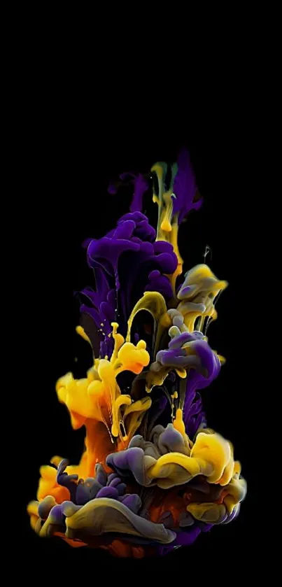 Abstract ink art with vibrant purple and yellow on black background.