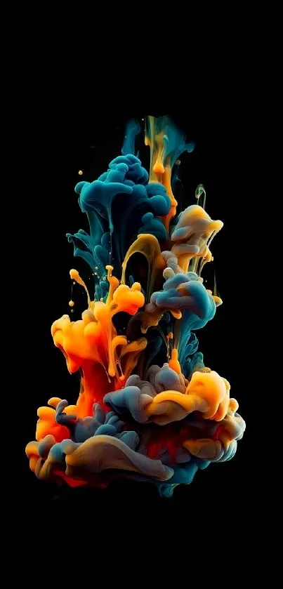 Vibrant abstract ink splash on dark background, colorful design.