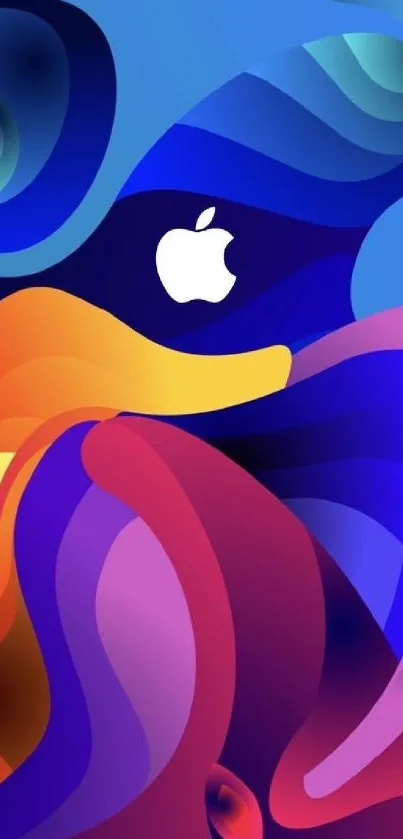 Vibrant abstract wallpaper with colorful waves and Apple logo.