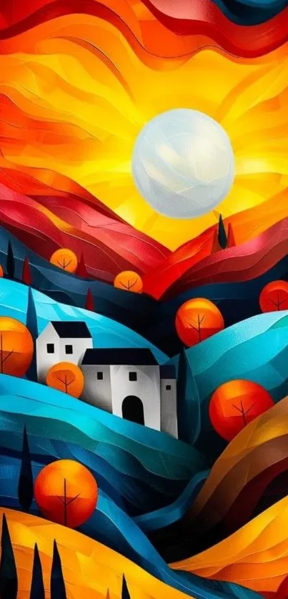 Vibrant abstract landscape with colorful sunset.