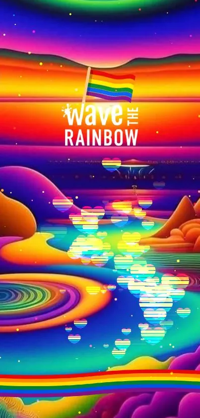 Vibrant abstract landscape with neon colors and surreal elements.
