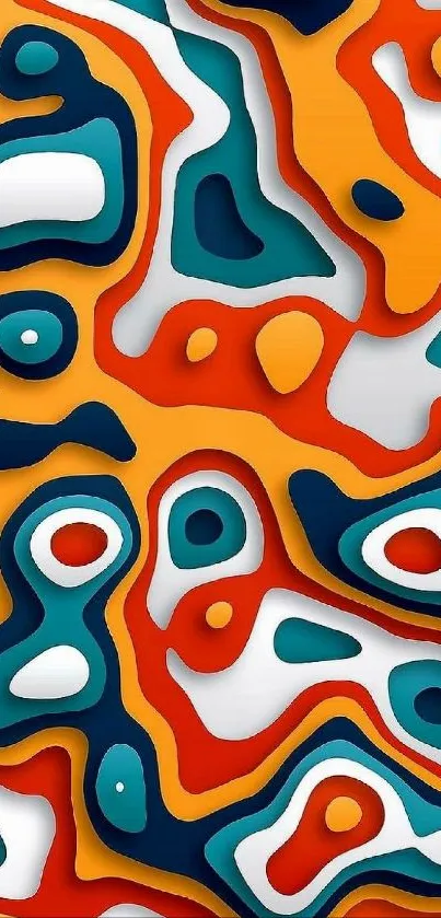 Vibrantly colored abstract wallpaper with layered orange, teal, and white patterns.