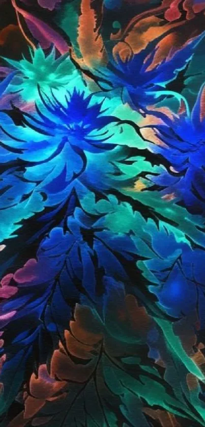 Vibrant abstract leaves with blue hues.