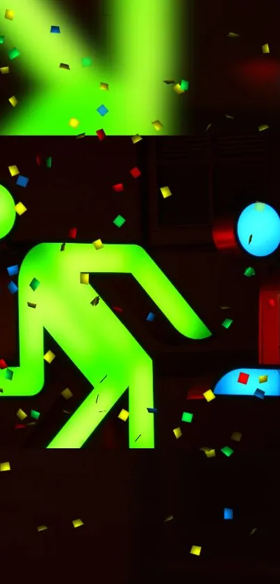 Neon green and blue figures with colorful confetti on dark background.