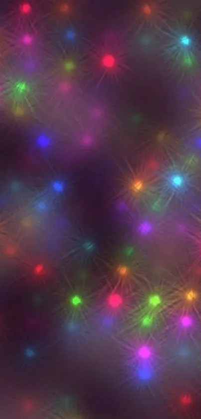 Colorful abstract wallpaper with sparkling lights on dark purple background.