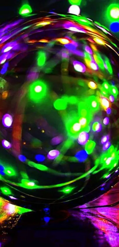 Abstract sphere with green and purple bokeh lights on dark background.