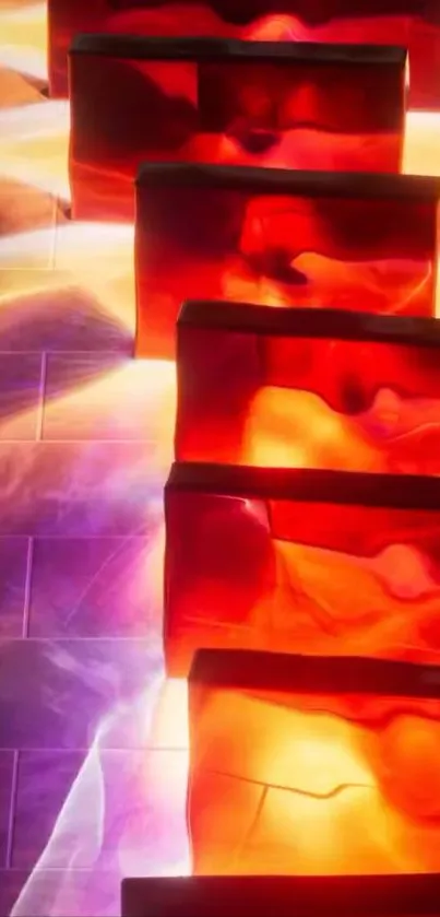 Abstract vibrant light staircase wallpaper with red-orange hues.