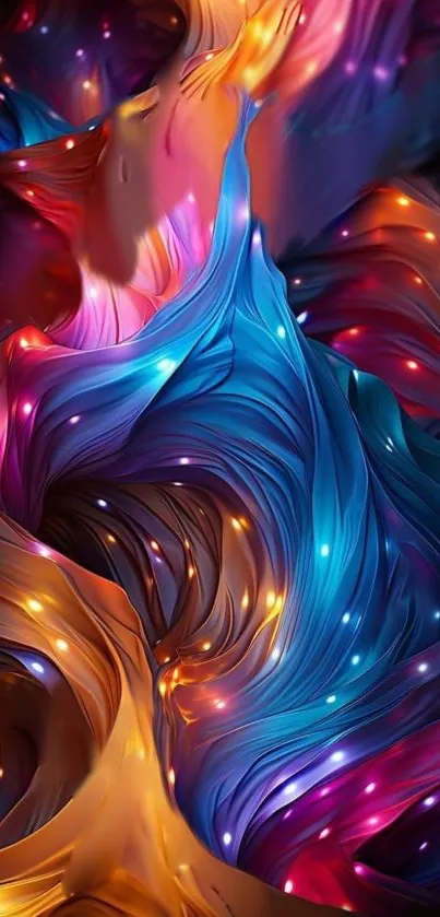 Vibrant abstract light waves wallpaper with colorful swirling design.