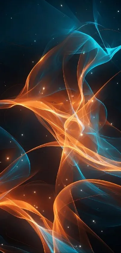 Abstract mobile wallpaper with blue and orange swirling light waves.