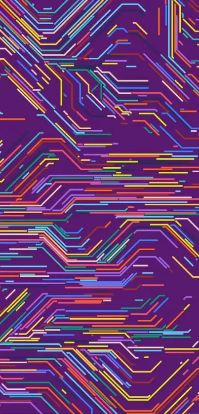 Vibrant abstract line art on a purple background.