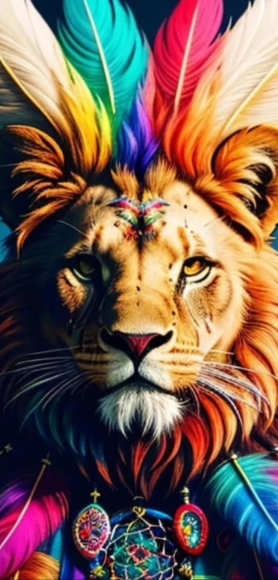 Colorful abstract lion with vibrant feathers in artistic design.