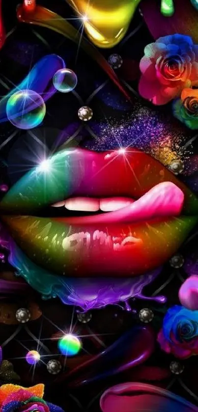 Colorful abstract lips on dark background with vibrant elements.