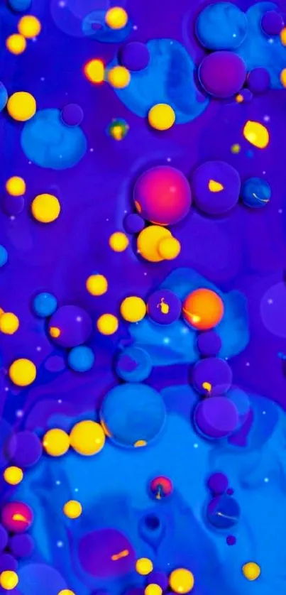 Abstract liquid wallpaper with colorful purple, yellow, and blue bubbles.