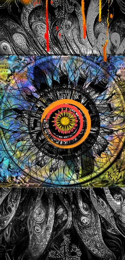 Vibrant abstract mandala with colorful patterns on a black background.