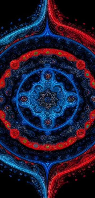 Intricate blue and red mandala design on a black background.