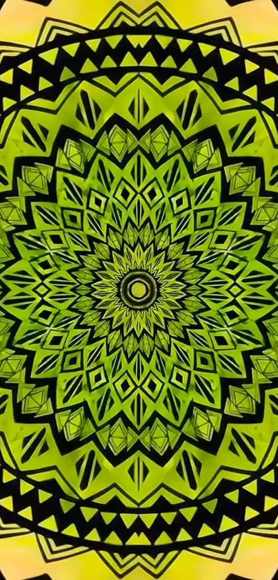 Vibrant lime green mandala with intricate patterns.