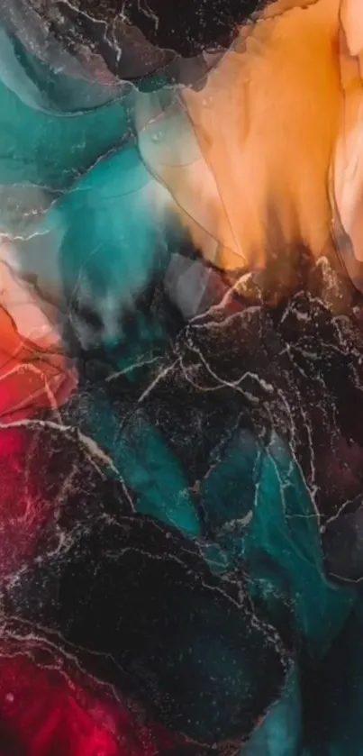 Vibrant abstract marble wallpaper with teal, red, and orange hues.