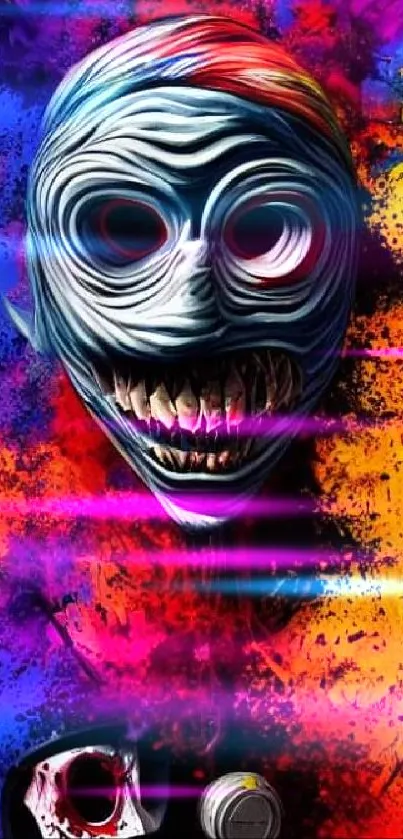 Vibrant abstract mask art with bold colors and splash effects.