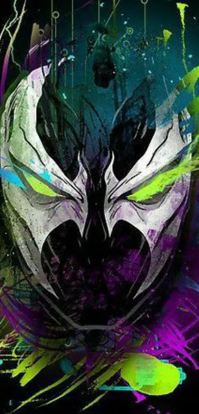 Vibrant abstract mask with neon colors on dynamic phone wallpaper.