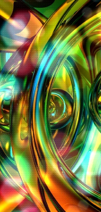 Colorful abstract metal art wallpaper with green, gold, and blue swirls.