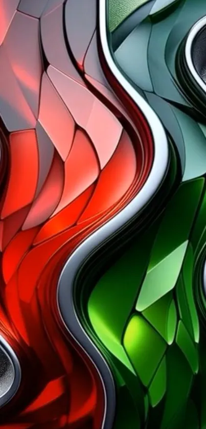 Vibrant abstract metallic waves in red and green tones.