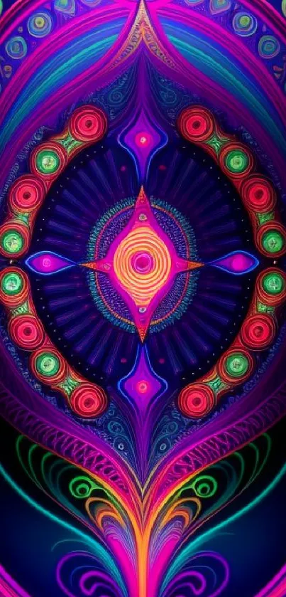 Vibrant abstract wallpaper with neon colors and intricate mandala pattern.