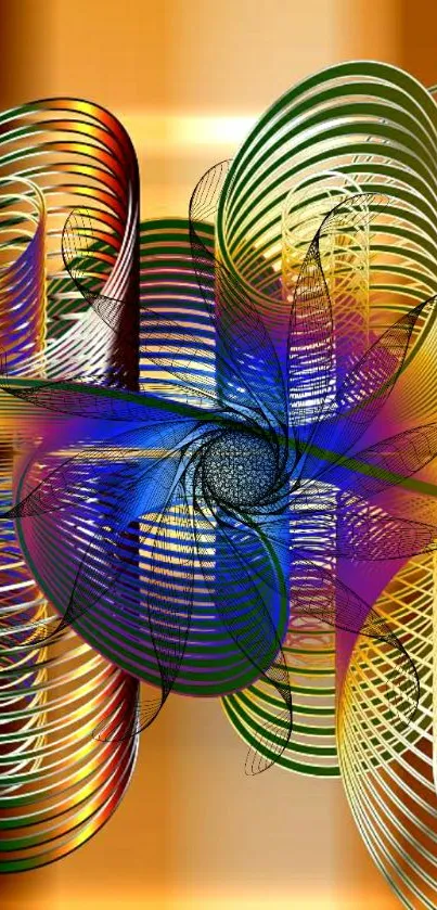 Colorful abstract spiral design wallpaper with vibrant orange and blue tones.