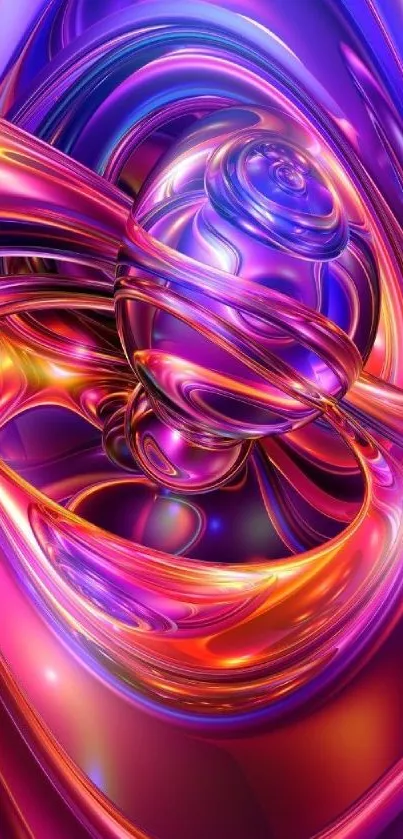 Vibrant abstract wallpaper with swirling purple and orange metallic design.