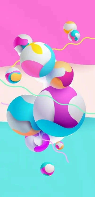 Vibrant abstract wallpaper with colorful 3D spheres on pink and turquoise background.