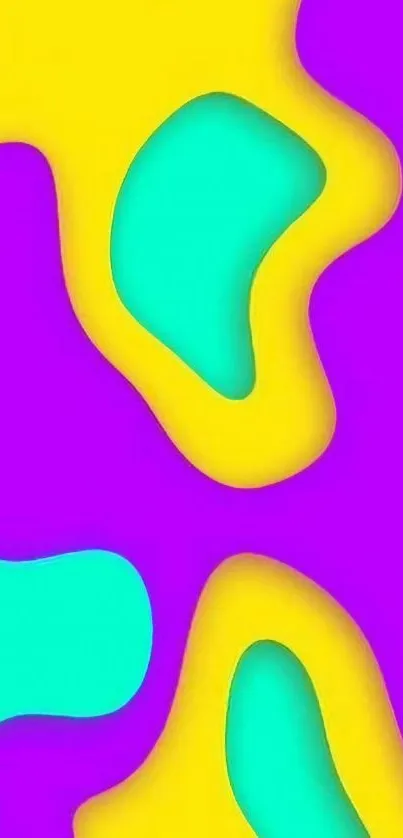 Vibrant abstract wallpaper with yellow, purple, and teal shapes.