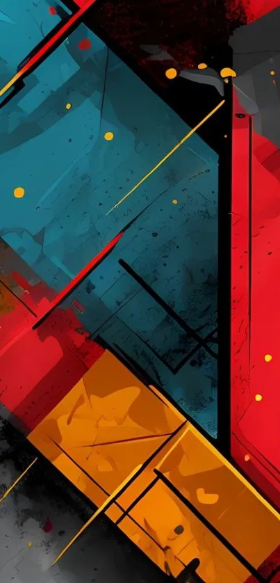Vibrant abstract wallpaper with red, blue, and yellow geometric patterns.