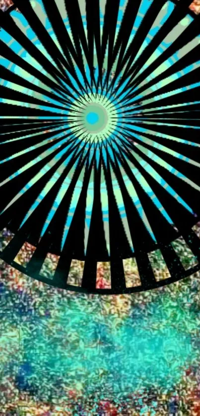 Abstract colorful design with teal and radiant patterns.