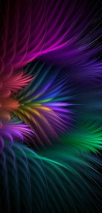 Vibrant abstract wallpaper with rainbow colors and intricate patterns on black background.