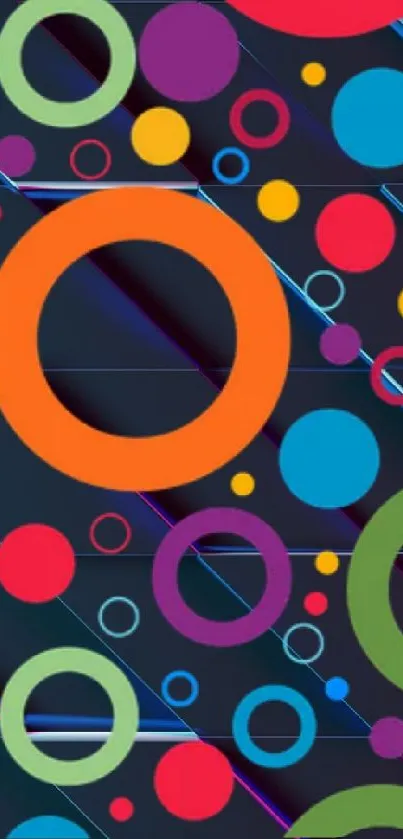 Vibrant abstract wallpaper with colorful geometric circles on a navy blue background.